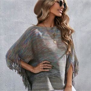 Space Dye Fringe Poncho Sweater